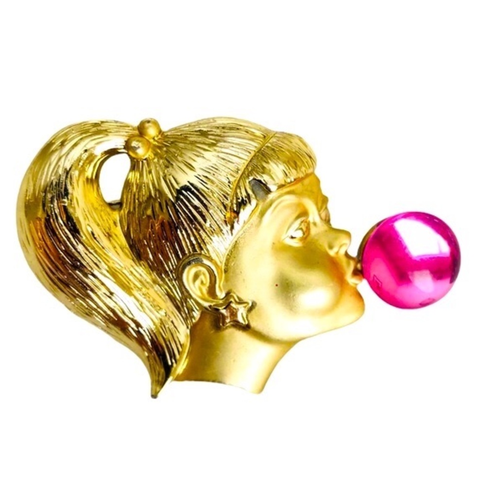 Vintage AJC Goldtone Girl Pink Lucite Bubblegum Brooch MCM